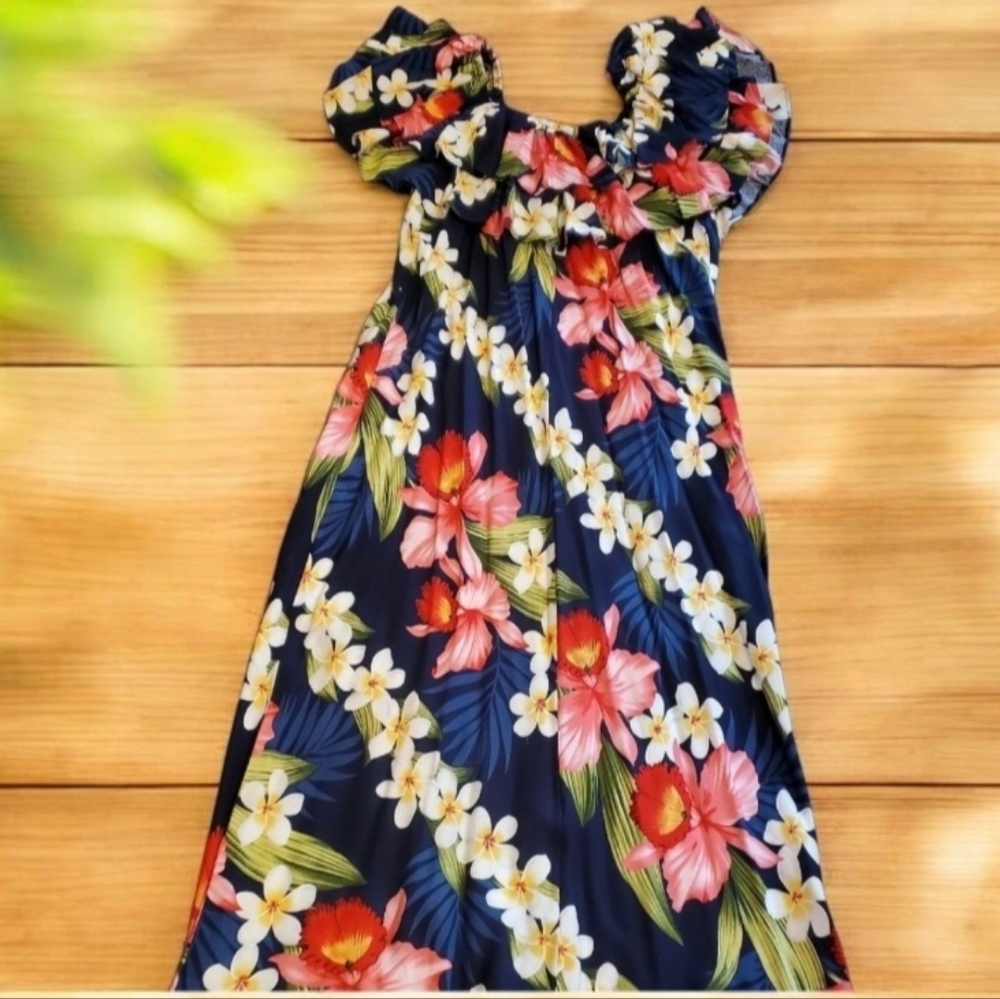 Plumeria Orchid Panel Off Shoulder Hawaiian Dress size MED